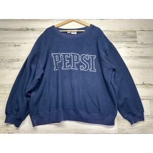 Vtg 90s Pepsi Size XL Spell Out Embroidered Logo Sweatshirt Crewneck Blue Fleece